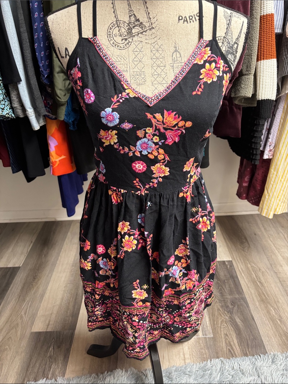 Black Mini Dress with Pink, Yellow and Purple Floral Print
